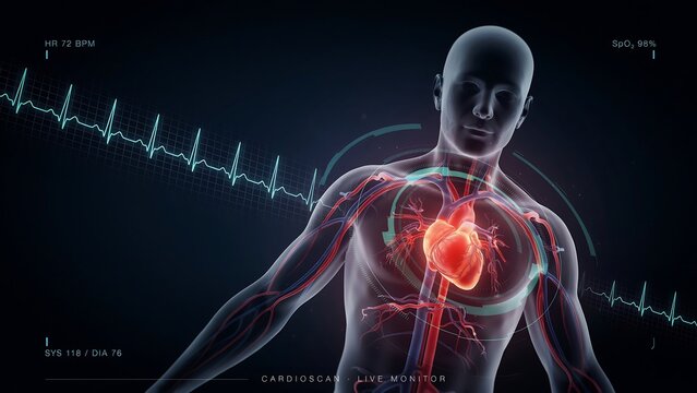 Human torso with glowing heart and ecg monitor background