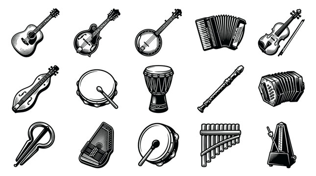 Black  White Line Art Collection of Musical Instruments
