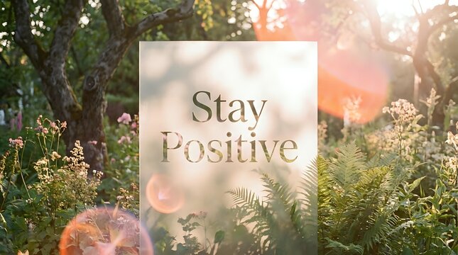 Stay Positive text on soft glass card in sunlit garden