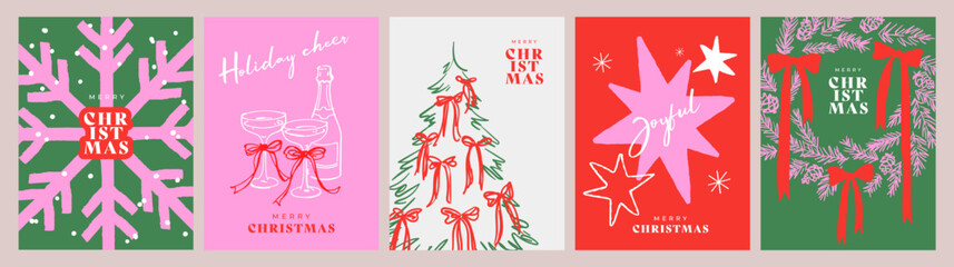 Fototapeta na wymiar Playful Christmas card set with charming hand-drawn Christmas tree, wreath, champagne glasses, snowflakes, stars and red bows. Holiday designs for greeting cards, posters, covers and seasonal print.