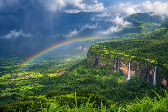 Rainbow in Bhimashankar Mountain Range with Multiple Waterfalls and Lush Green Sahyadri Mountains, Maharashtra, India