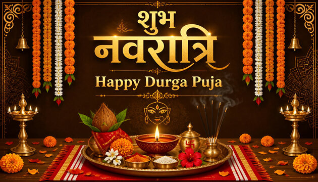 Shubh Navratri festival greeting banner with burning diya on puja thali and text happy durga puja