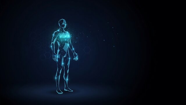 Futuristic glowing human figure standing in space background