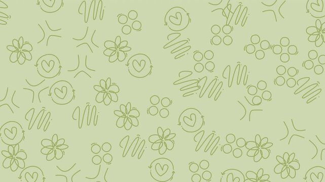 Seamless pattern background with hand drawn doodle flowers and heart icons on sage green.