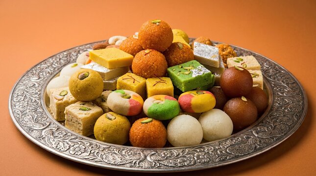 Colorful assortment of traditional indian sweets displayed on an ornate silver platter