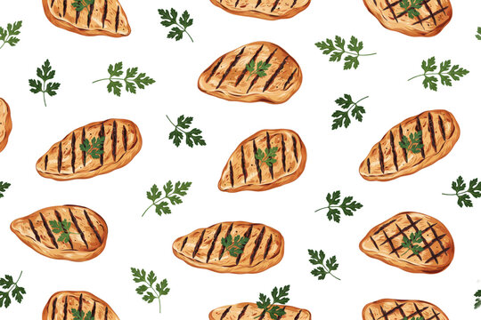 Seamless pattern featuring grilled chicken breast fillets and fresh green parsley leaves on white background, isolated on a, transparent background