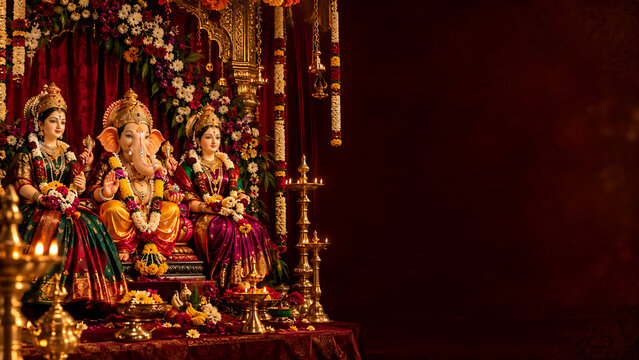 Beautiful Gauri Ganpati Celebration with Gauri Mata and Ganpati Bappa, Maharashtrian Traditional Decoration, Sacred Puja and Hindu Festival
