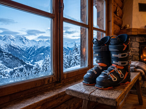 ski boots on wooden bench near window with scenic snow mountains landscape view