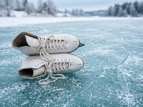 pair of white figure skates lies on a frozen ice surface of a snowy pond on a winter day
