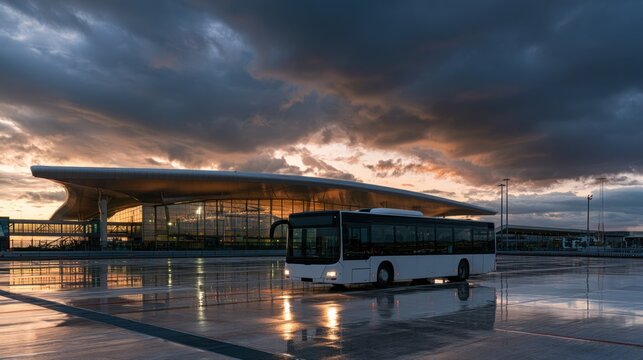 Modern airport terminal building with large glass facade and white shuttle bus under dramatic cloudy sunset sky reflecting on wet pavement