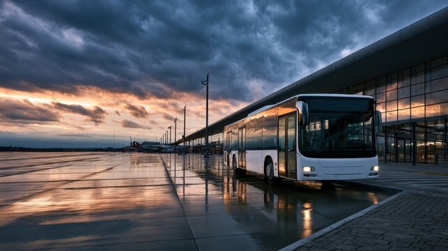 Modern electric city bus at bus terminal with dramatic cloudy sky and sunset reflecting on wet pavement