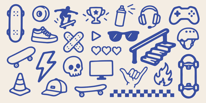Cool skateboard and gaming doodle vector set for stickers, t-shirts, posters, and other uses.