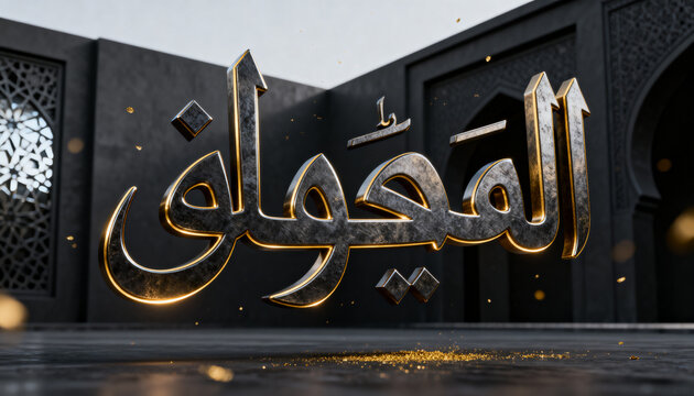 Shiny metallic arabic calligraphy floating gracefully above a dark reflective surface with glowing golden particles surrounding