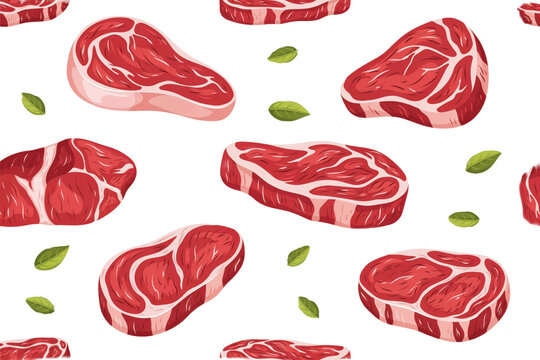 Seamless pattern featuring raw beef steak cuts and fresh green basil leaves on a white background, isolated on a, transparent background