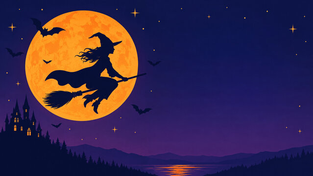 Spooky Halloween night background, silhouette of a witch flying on a broomstick across a huge orange full moon, dark bats, haunted castle, purple and blue sky, copy space for festive designs