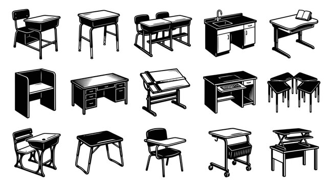 Education  Office Desks, Chairs  Tables Vector Icon Set. Monochrome Black  White Line Art.