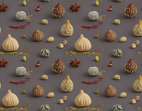 Assorted Indian Sweets And Chocolate Truffles With Nuts And Spices On Gray Background