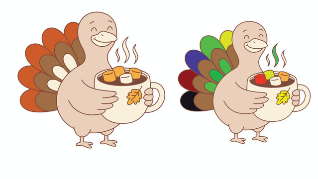 Cute cartoon turkey holding hot chocolate mug, autumn drinks illustration, fall food design element, humorous Thanksgiving icon character
