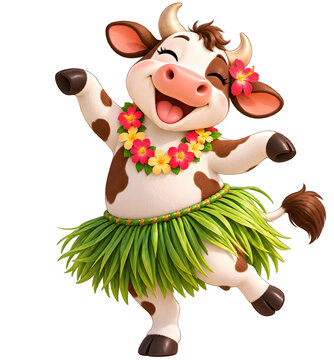 Cheerful cartoon cow dancing in a colorful grass skirt and flower lei, isolated on a transparent background, creating a playful tropical mascot illustration.