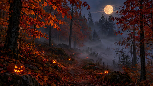 Spooky Halloween night landscape, glowing carved pumpkins lining a winding forest path, vibrant autumn leaves, full moon illuminating misty woods, dark fantasy atmosphere