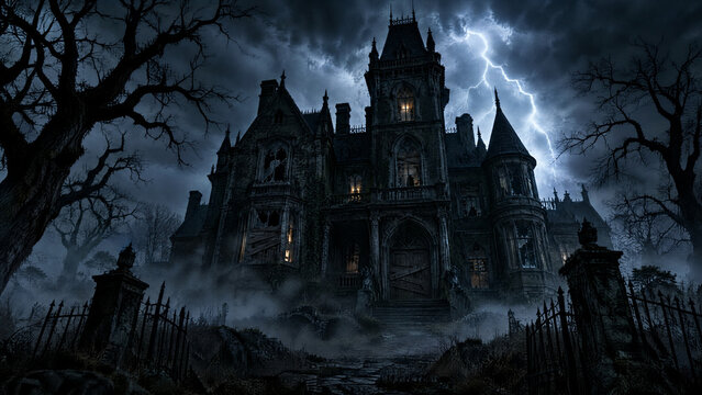 Dark Gothic Haunted Mansion, spooky Victorian house with glowing windows, dramatic lightning storm, eerie mist, and bare trees, perfect for horror themes
