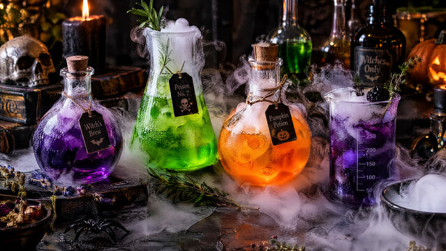 Vibrant Halloween Potions, spooky green, purple, and orange cocktails in glass bottles, dark background with smoke, ideal for party invitations and seasonal promotions