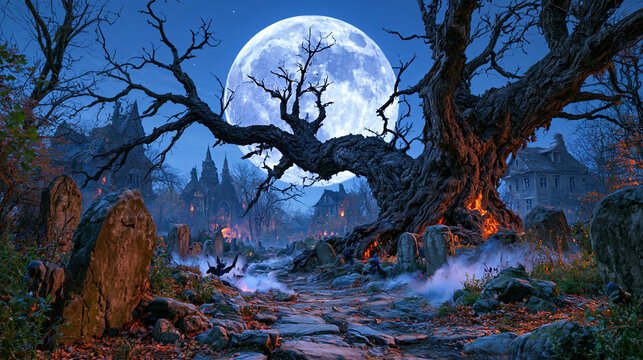 Dark haunted graveyard illuminated by a massive full moon, ancient tombstones emerging from thick white fog, twisted dead trees surrounding the cemetery, abandoned houses fading into the distant bac