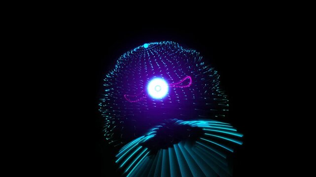 Futuristic abstract digital particle sphere with glowing blue core and pink light loop rotating