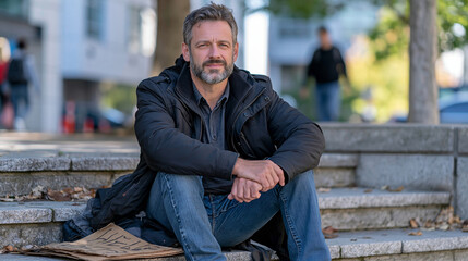 Obraz premium Middle aged homeless man sitting quietly on city steps beside a cardboard sign asking for help, urban buildings and pedestrians in soft background, homelessness and economic hardship concept, housin