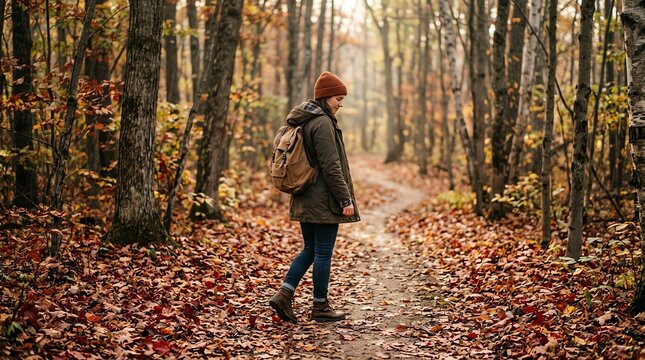 Woman Hiking on a Leaf-Covered Forest Path in Autumn