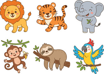 Fototapeta premium A collection of cute cartoon jungle animals including a lion tiger elephant monkey sloth and parrot.