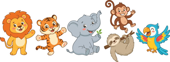 Fototapeta premium A collection of cute cartoon jungle animals including a lion tiger elephant monkey sloth and parrot.