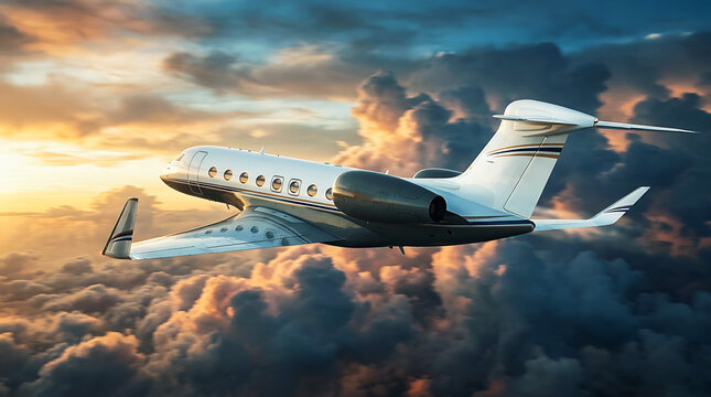 Private jet flying through clouds at golden hour, cinematic aerial shot