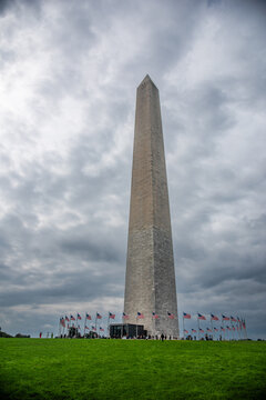 Washington Monument under dark storm clouds in Washington DC