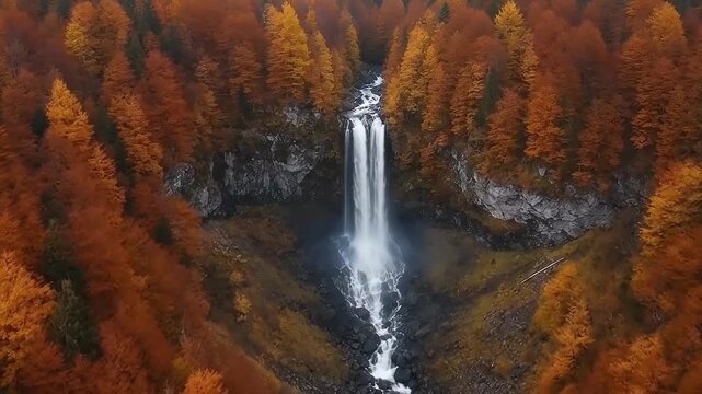Aerial view of a waterfall in a rocky gorge surrounded by bright orange autumn forest