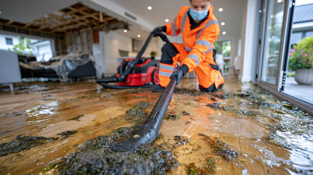 Restoration worker extracting water from a severely flooded home using a large wet vacuum machine, damaged interior with soaked flooring, wet furniture and exposed building materials, professional f