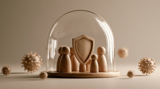 Wooden family figurine protected under glass dome with shield symbol surrounded by virus particles concept for health safety and virus protection