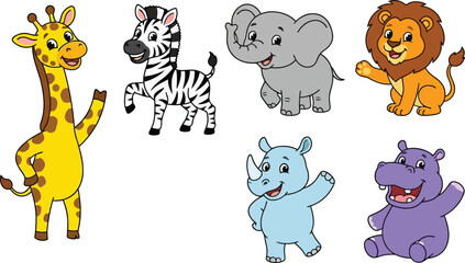 Obraz premium A collection of cute cartoon wild animals including a giraffe zebra elephant lion rhino and hippo.