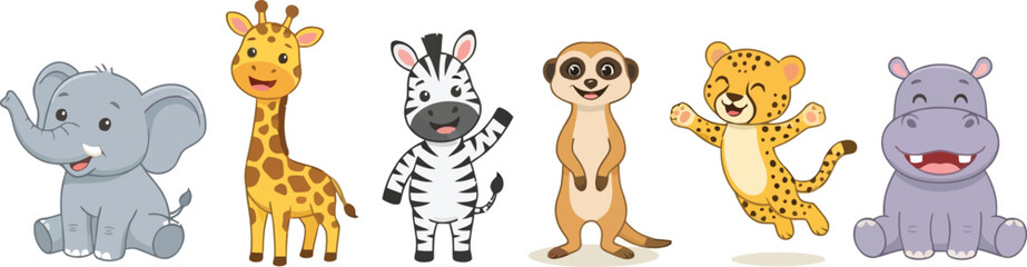 Obraz premium A collection of cute cartoon safari animals standing in a row.