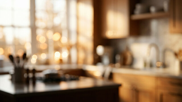Lifestyle kitchen island inside a fully defocused interior of a modern kitchen with bokeh