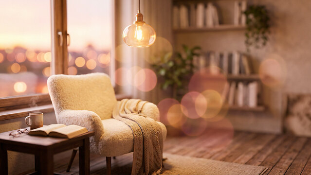 Linen armchair with glass pendant in soft dreamy out of focus a sunlit reading area
