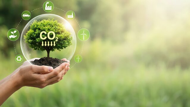 Hands holding a glass bubble with a tree inside representing carbon reduction and environmental sustainability