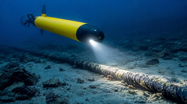 海底ケーブルを点検する無人水中航走体（UUV）、次世代海洋インフラの安全保障技術 / Autonomous unmanned underwater vehicle (UUV) inspecting a subsea cable, next-generation maritime infrastructure security