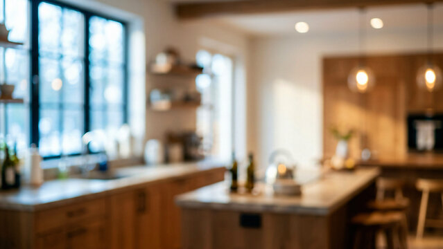 Handcrafted oak cabinetry in a fully defocused interior of a modern kitchen with island lighting