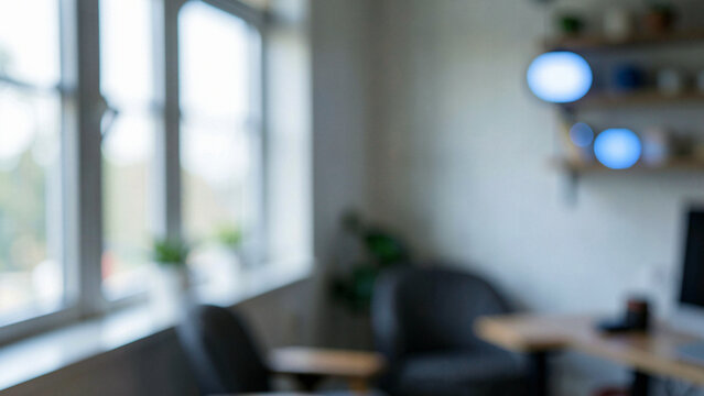 Nordic office interior in soft dreamy out of focus a home office studio workspace