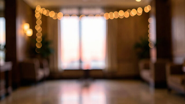 Fairy string bokeh in a fully defocused interior of an elegant ballroom