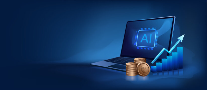 AI in Fintech: Laptop with Artificial Intelligence Chip, Growth Bar Chart, Arrow and Rupee Coins as Financial Growth and Tech Investment Concept