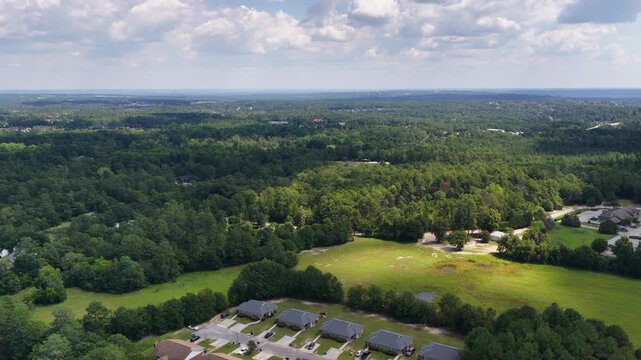 Aerial footage of buildings and trees in Augusta Georgia USA