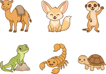 Obraz premium Set of cute cartoon desert animals including camel fennec fox meerkat lizard scorpion and turtle.