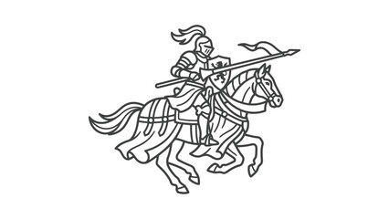 Obraz premium Medieval Knight on Horseback with Lance - Line Art Vector Illustration